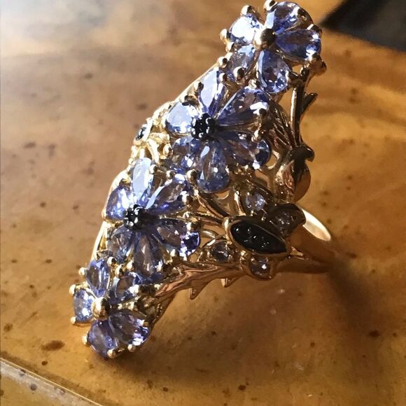 Natural Tanzanite Black Spinel Sterling Silver Cocktail Ring Size 6 - Picture 3 of 9